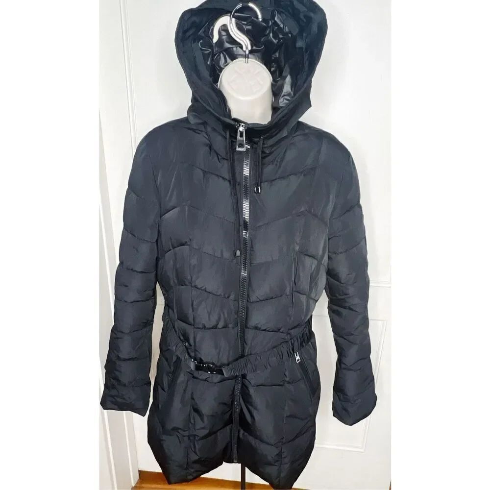 Guess Belted puffer Jacket with Hood Black Size Large